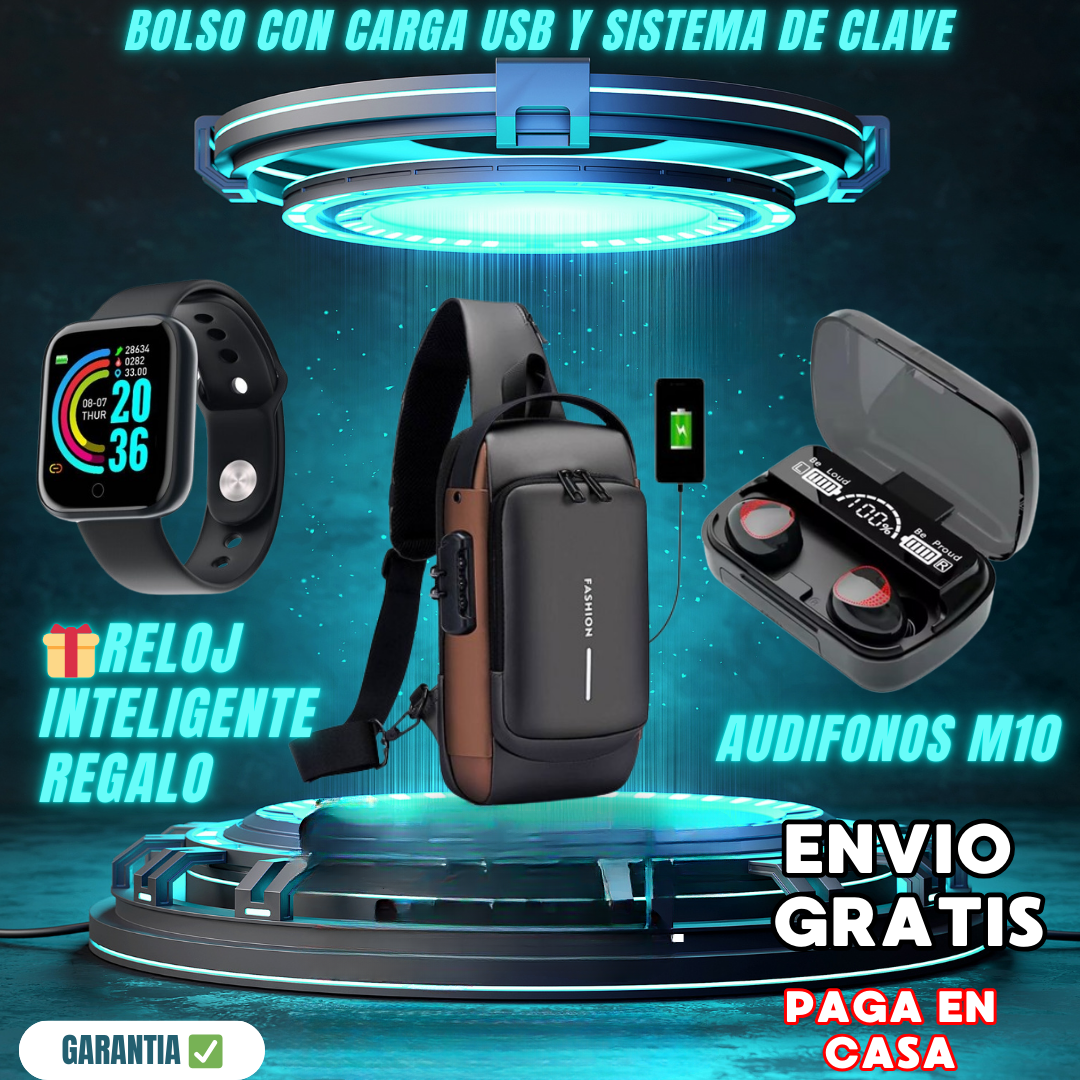 🎁Mega Combo - Bolso Antirrobo + Audífonos + Smartwatch 🎁