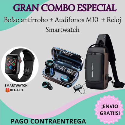 🎁Mega Combo - Bolso Antirrobo + Audífonos + Smartwatch 🎁