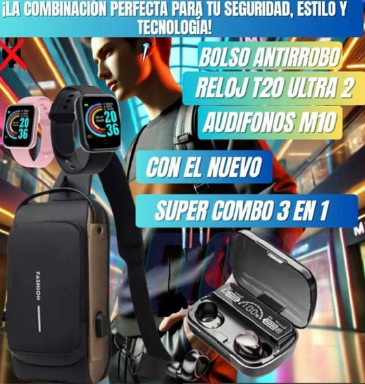 🎁Mega Combo - Bolso Antirrobo + Audífonos + Smartwatch 🎁